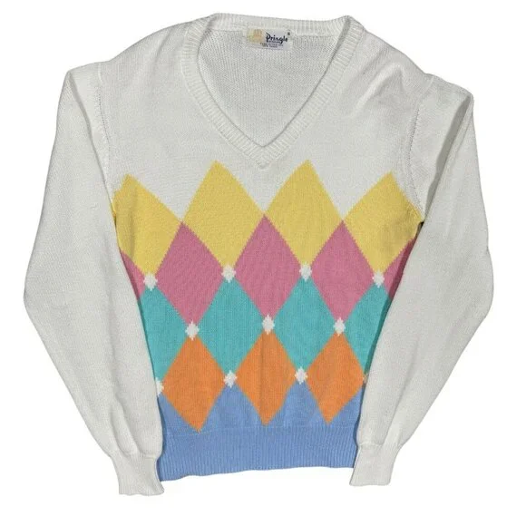 Vintage Pringle of Scotland Colorful Diamond Cotton V-Neck Sweater Knit Small - Picture 1 of 5